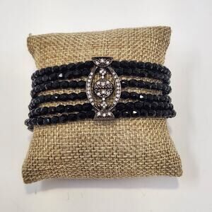 Lauren Ralph Lauren Black Faceted Glass Bead Crystal Art Deco Bracelet Cuff